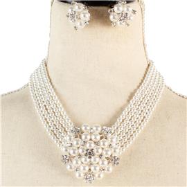 Pearl Round Clip On Earring Necklace Set